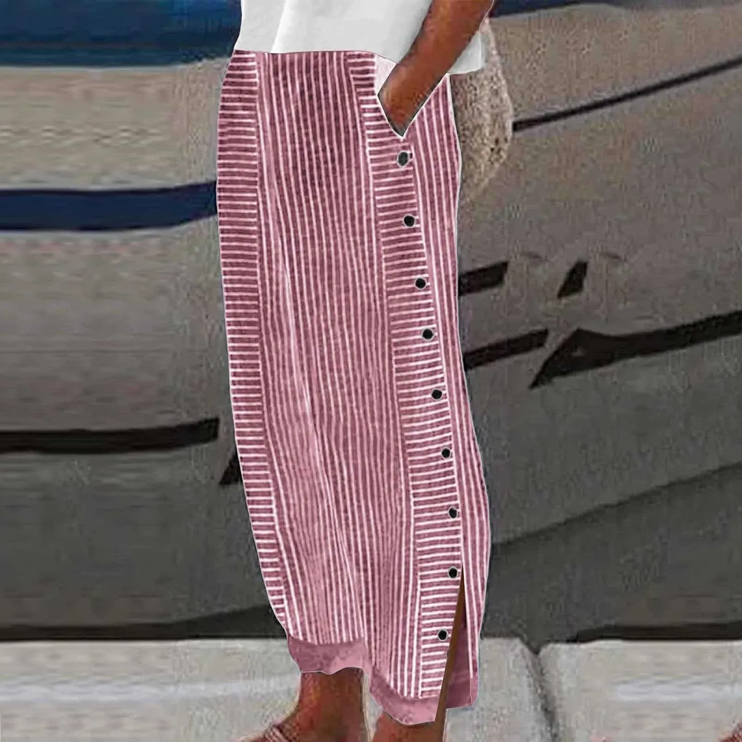 Striped Pants for Women Baggy Side Button Slit Elastic High Waisted Pants Wide Leg Loose Lounge Trouser with Pockets