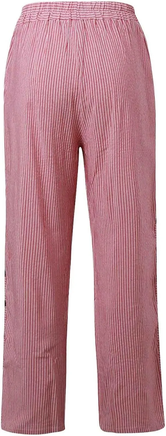 Striped Pants for Women Baggy Side Button Slit Elastic High Waisted Pants Wide Leg Loose Lounge Trouser with Pockets