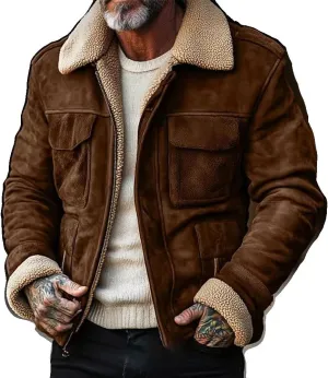 Suede Jacket for Men Warm Outdoor Vintage Patchwork Pocket Plush Reversed Collar Western Jackets Coat for Men