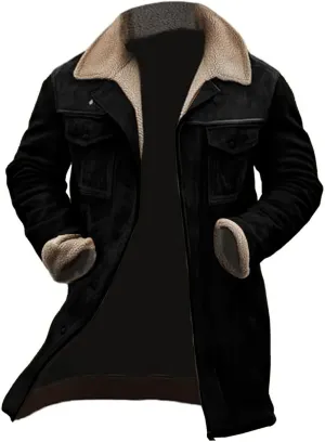 Suede Leather Jacket Men Winter Fur Shearling Duster Coat Retro Faux Leather Fleece Motorcycle Trucker Western Jacket