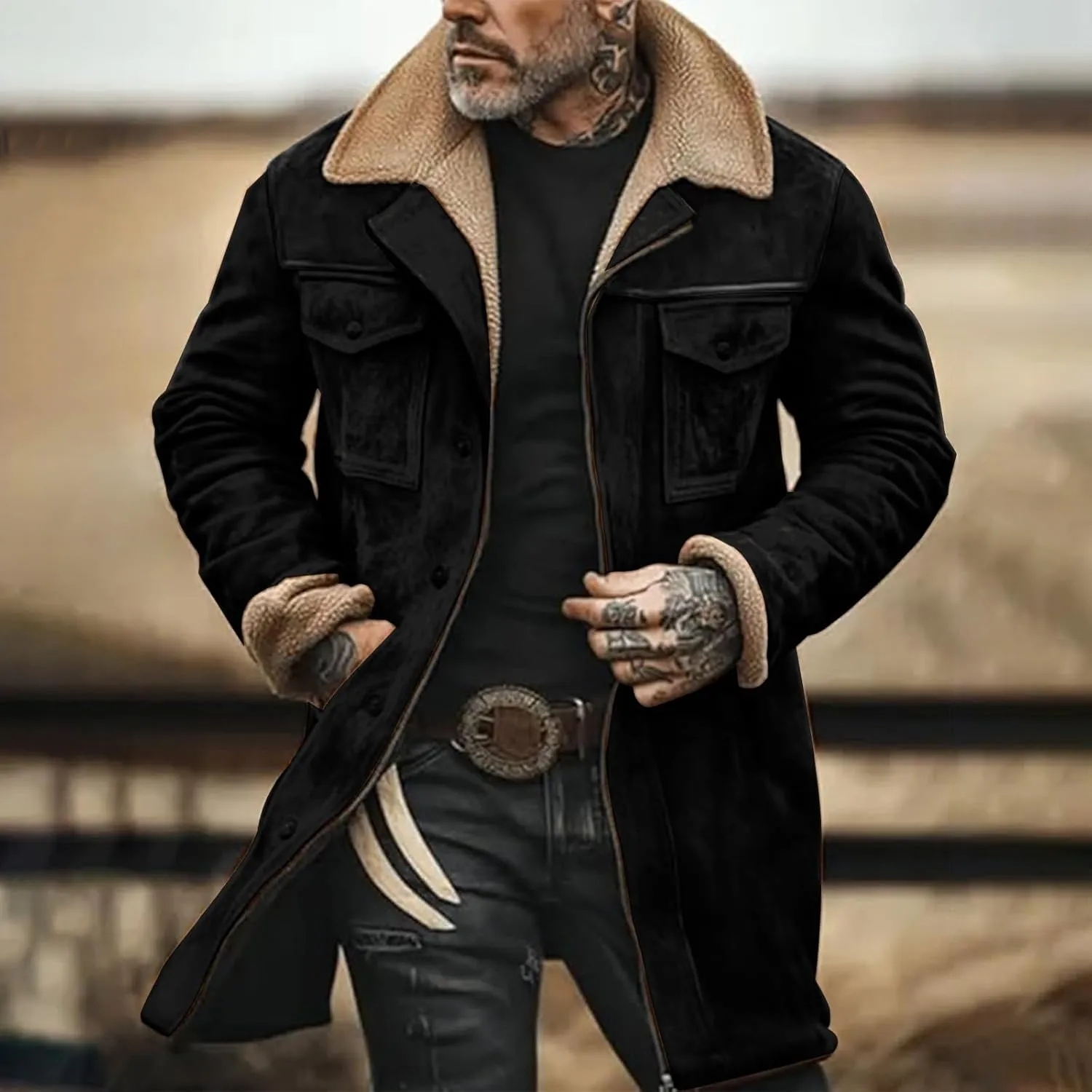 Suede Leather Jacket Men Winter Fur Shearling Duster Coat Retro Faux Leather Fleece Motorcycle Trucker Western Jacket