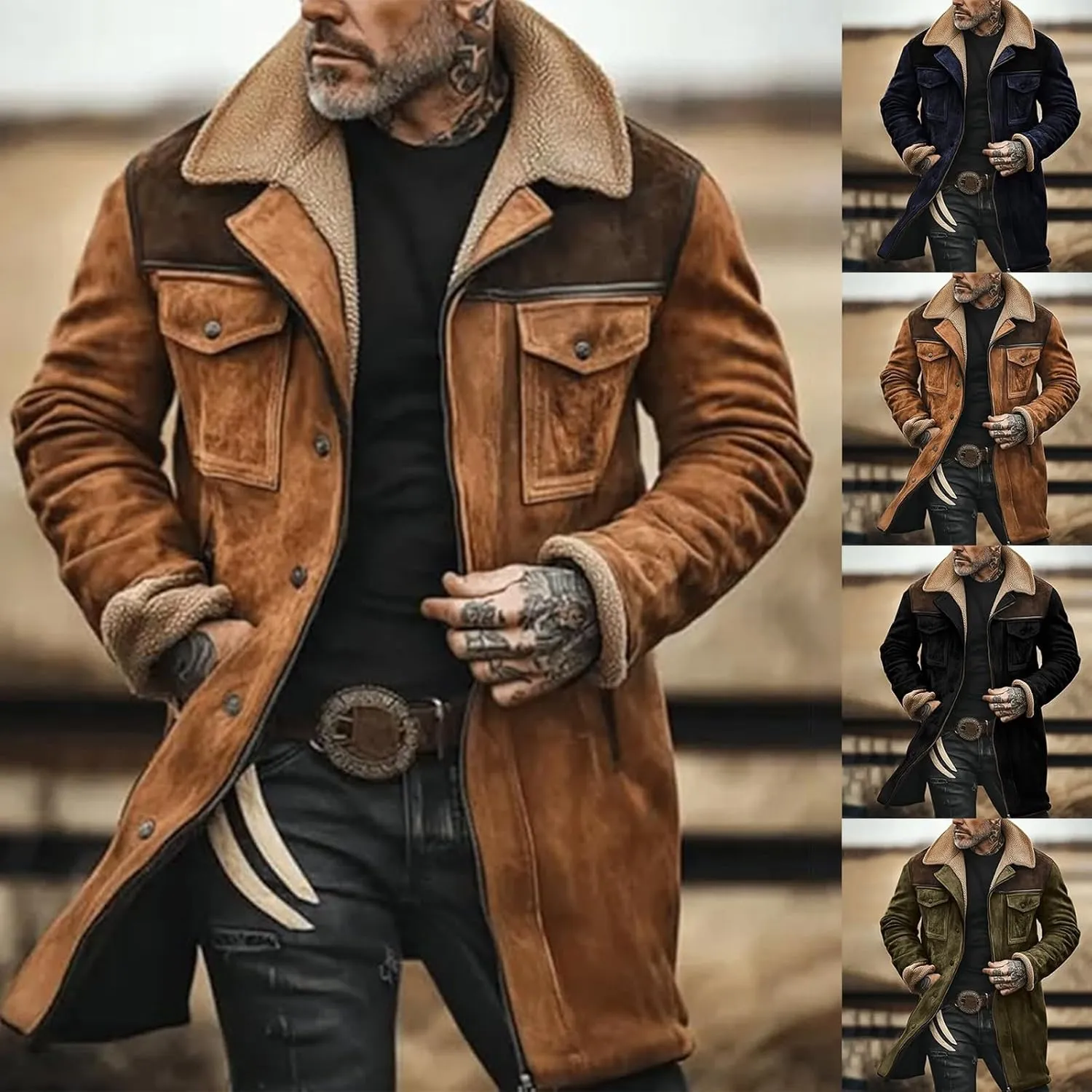 Suede Leather Jacket Men Winter Fur Shearling Duster Coat Retro Faux Leather Fleece Motorcycle Trucker Western Jacket