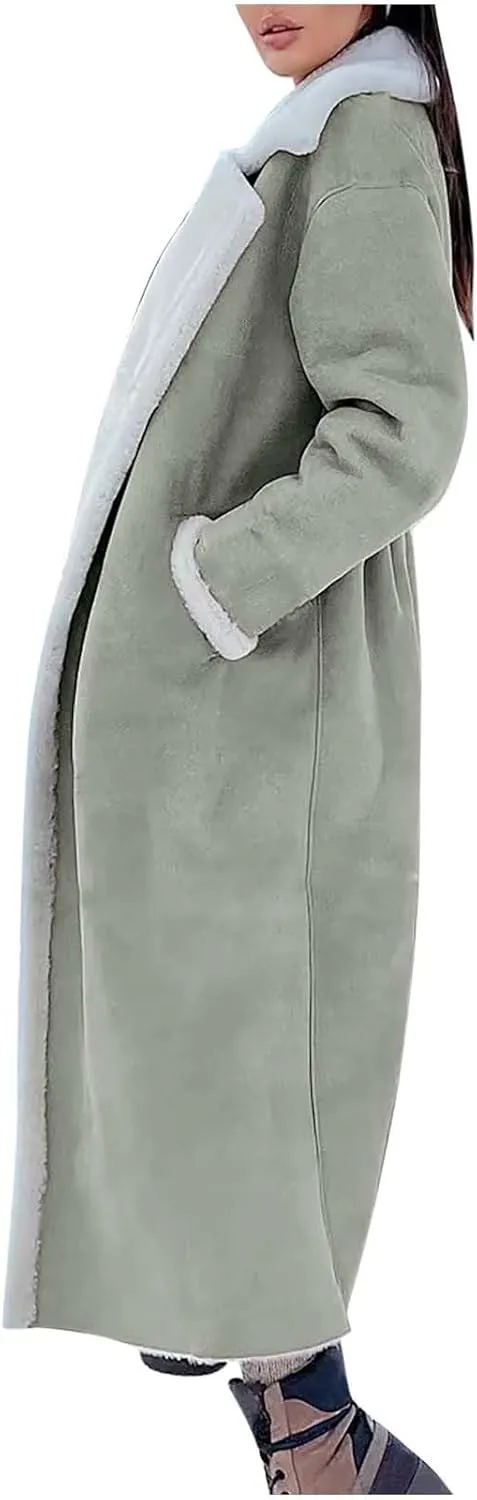 Suede Overcoats Sherpa Lined Womens Winter Coats Trendy Notched Lapel Long Fleece Jacket Warm Slim Fit Furry Outerwear