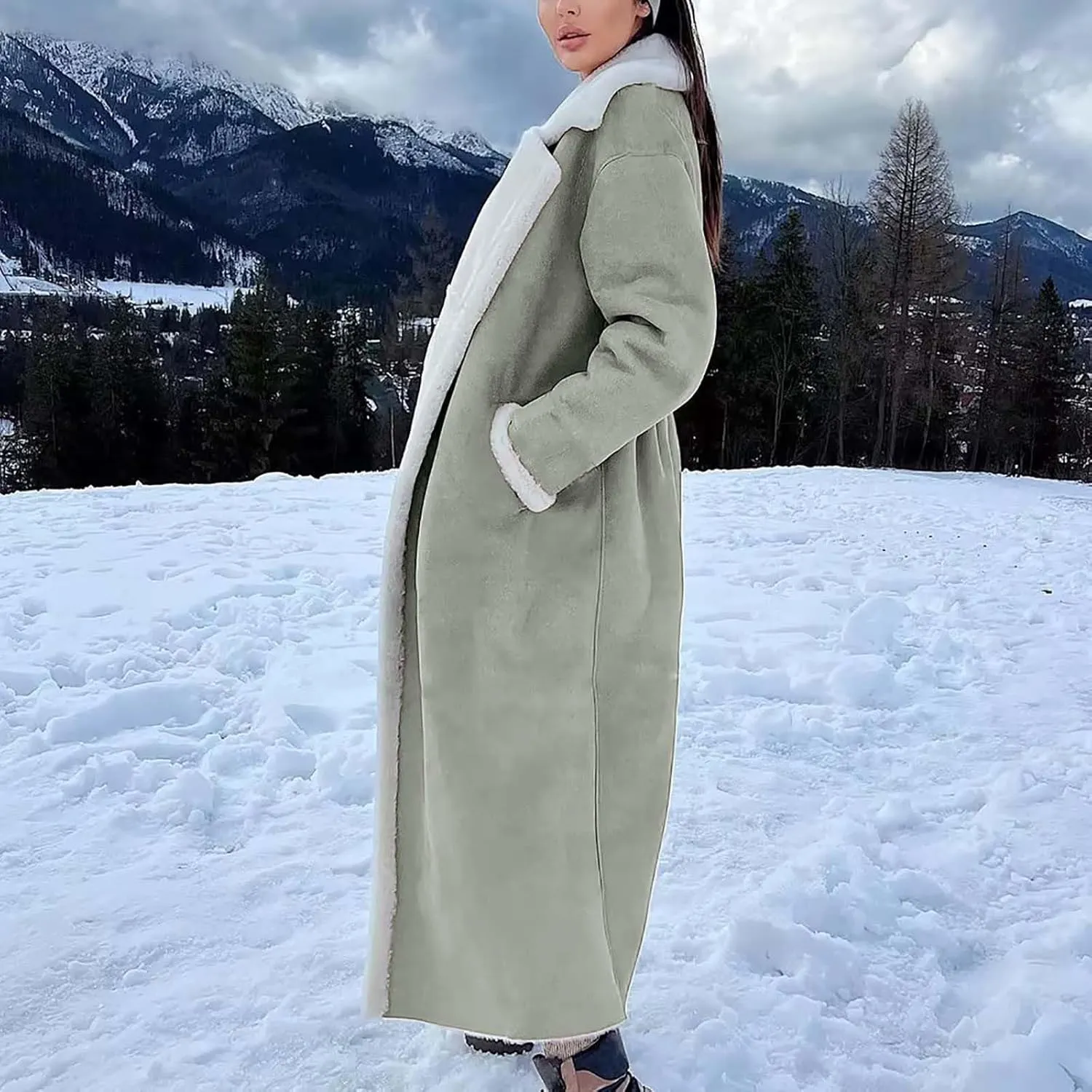 Suede Overcoats Sherpa Lined Womens Winter Coats Trendy Notched Lapel Long Fleece Jacket Warm Slim Fit Furry Outerwear