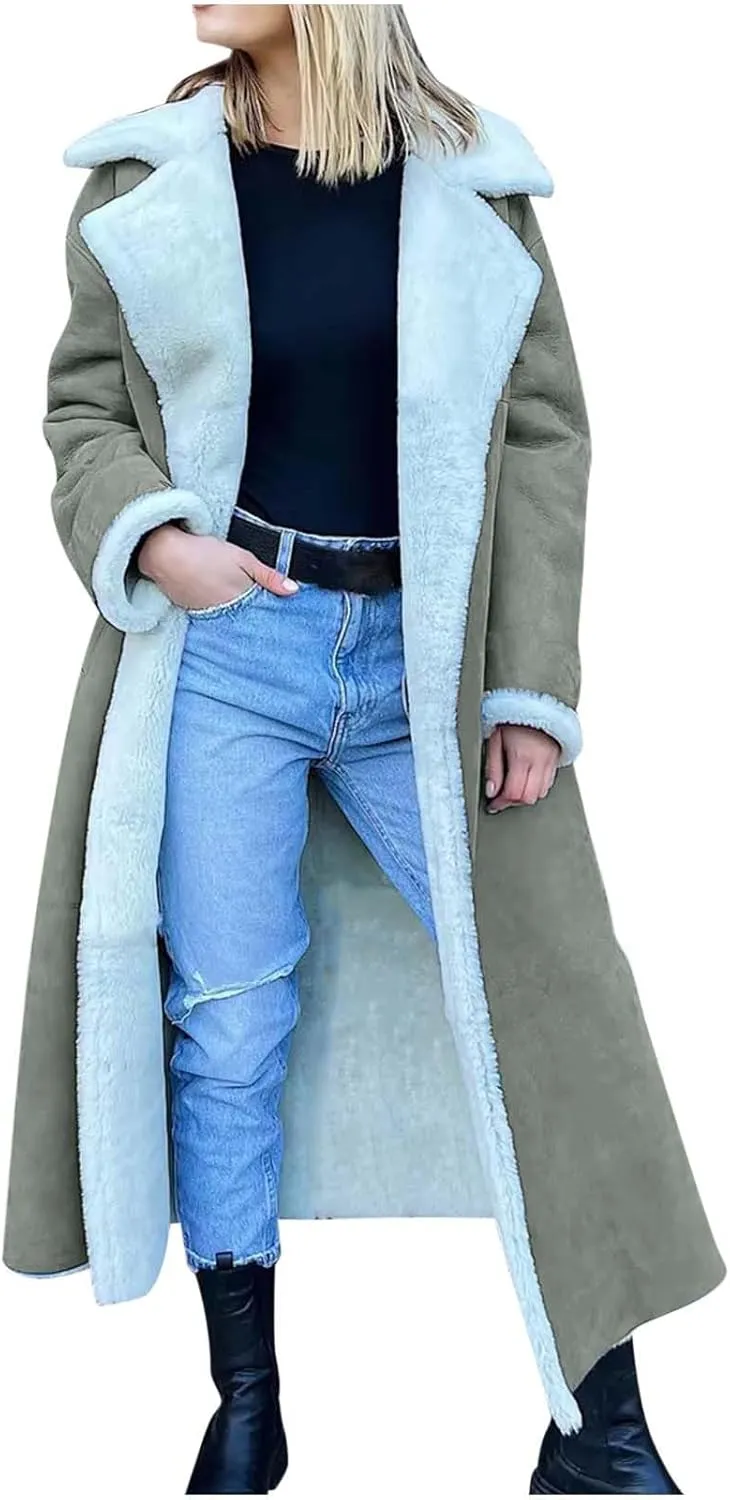 Suede Overcoats Sherpa Lined Womens Winter Coats Trendy Notched Lapel Long Fleece Jacket Warm Slim Fit Furry Outerwear