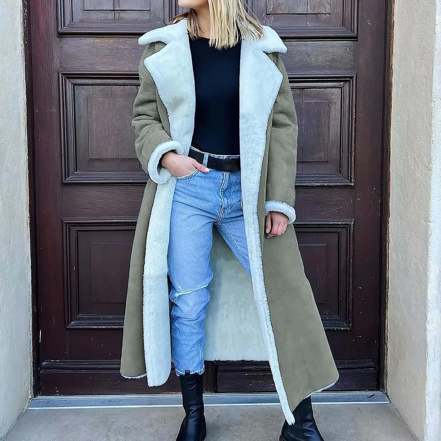 Suede Overcoats Sherpa Lined Womens Winter Coats Trendy Notched Lapel Long Fleece Jacket Warm Slim Fit Furry Outerwear