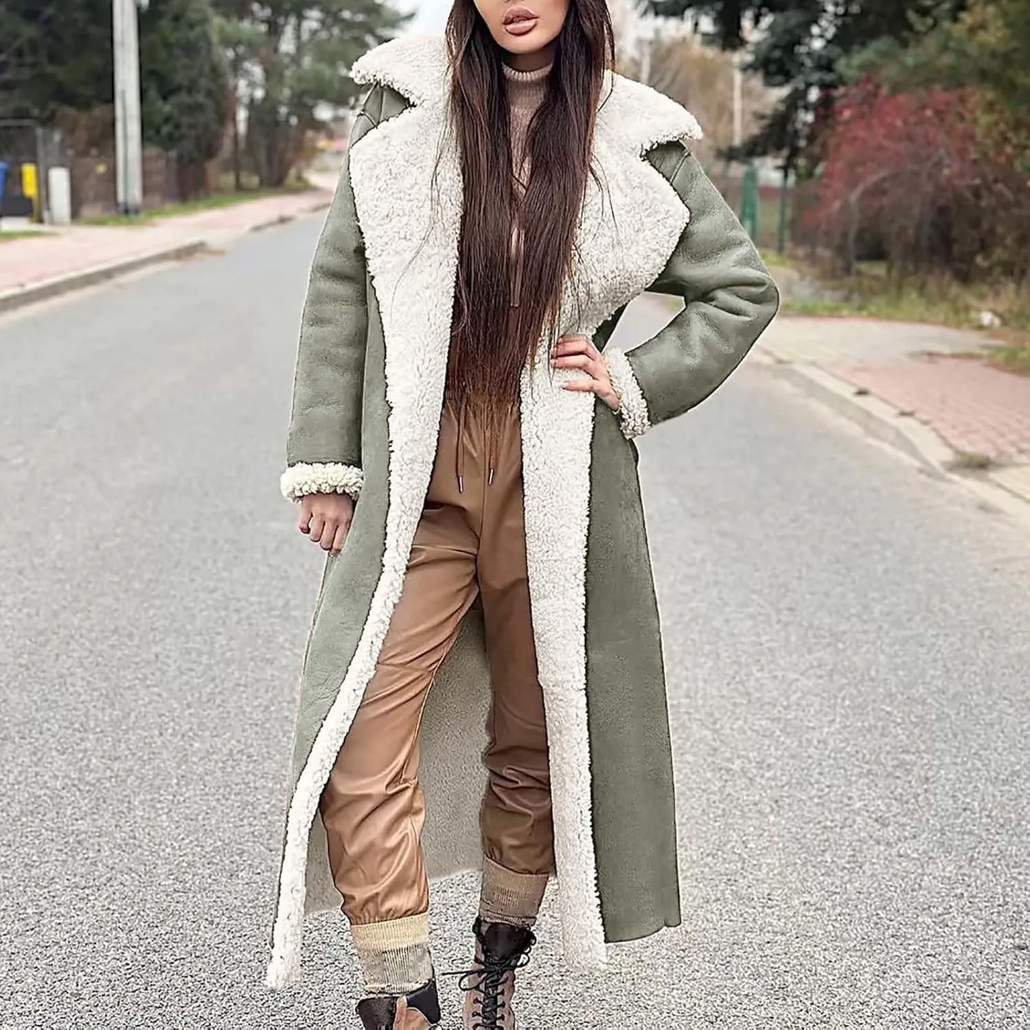 Suede Overcoats Sherpa Lined Womens Winter Coats Trendy Notched Lapel Long Fleece Jacket Warm Slim Fit Furry Outerwear