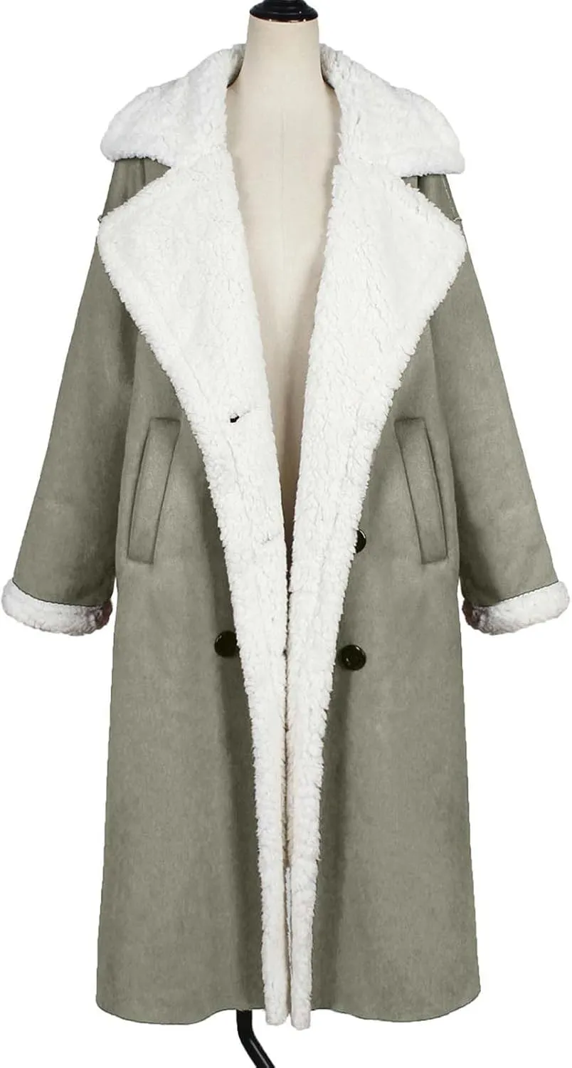Suede Overcoats Sherpa Lined Womens Winter Coats Trendy Notched Lapel Long Fleece Jacket Warm Slim Fit Furry Outerwear