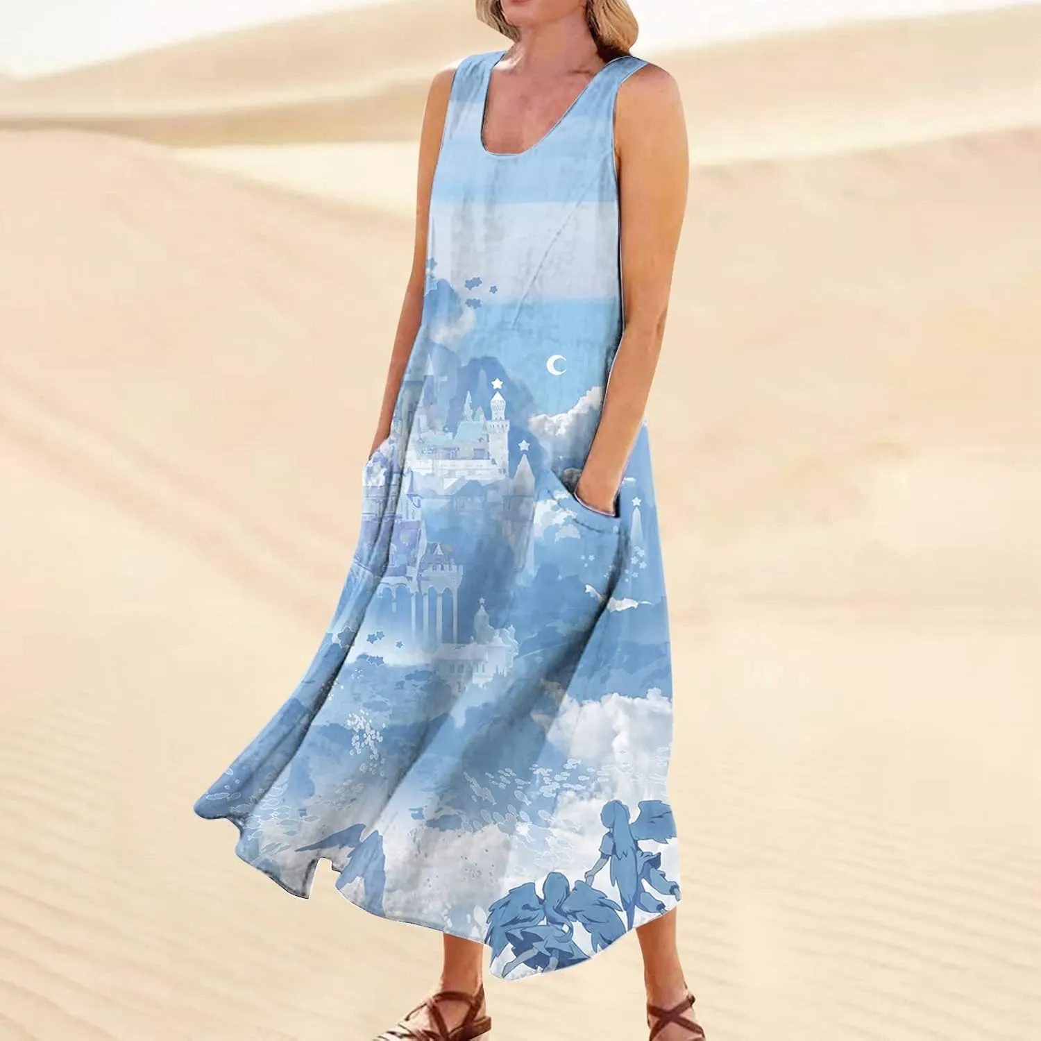 Summer Dresses for Women 2025 Cotton Linen Sleeveless Solid Printed Casual Baggy Flowy Maxi Tank Dresses with Pockets