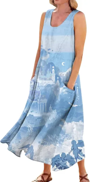 Summer Dresses for Women 2025 Cotton Linen Sleeveless Solid Printed Casual Baggy Flowy Maxi Tank Dresses with Pockets