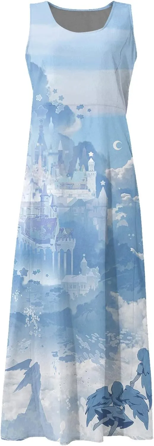 Summer Dresses for Women 2025 Cotton Linen Sleeveless Solid Printed Casual Baggy Flowy Maxi Tank Dresses with Pockets