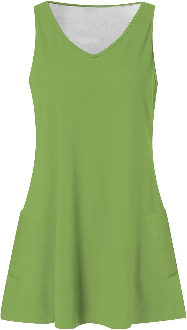 Summer Dresses for Women 2025 Vacation Casual V Neck Sleeveless Tank Sundress Boho Floral T Shirt Dress with Pockets