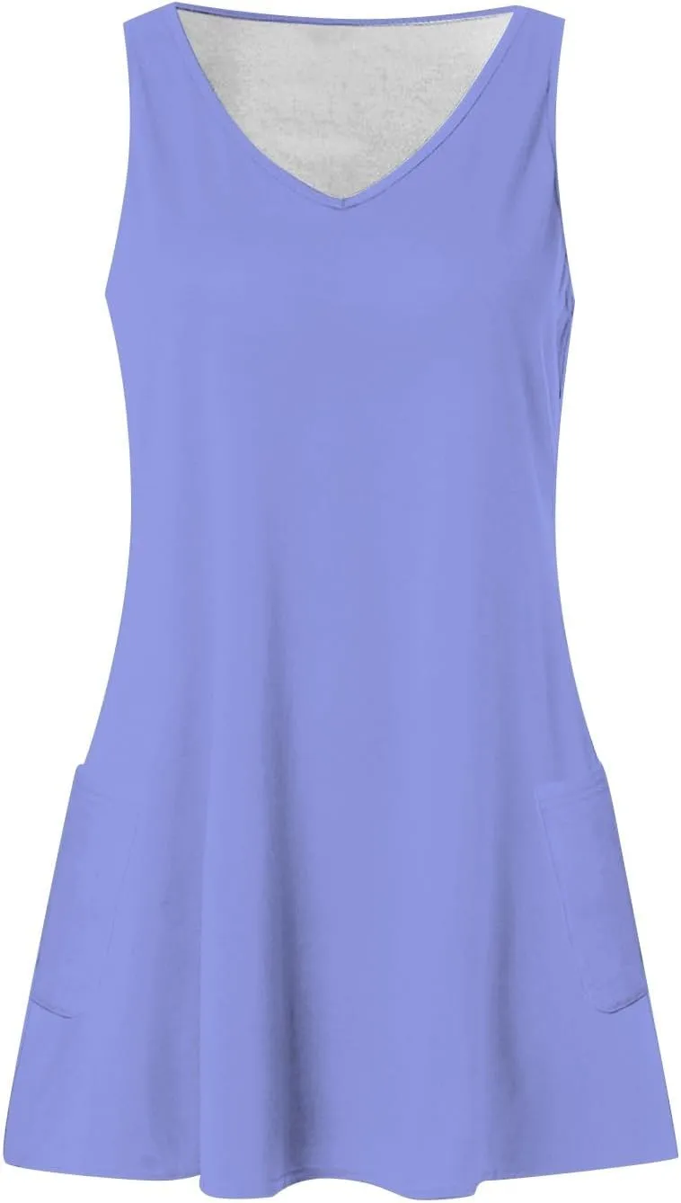 Summer Dresses for Women 2025 Vacation Casual V Neck Sleeveless Tank Sundress Boho Floral T Shirt Dress with Pockets