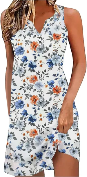 Summer Dresses Womens Beach Vacation Boho Floral Tunic Dress Sexy Button V Neck Sleeveless Tunic Mini Tank Sundress