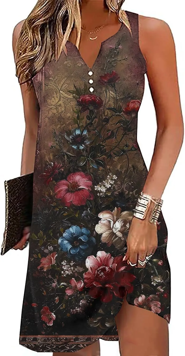 Summer Dresses Womens Beach Vacation Boho Floral Tunic Dress Sexy Button V Neck Sleeveless Tunic Mini Tank Sundress