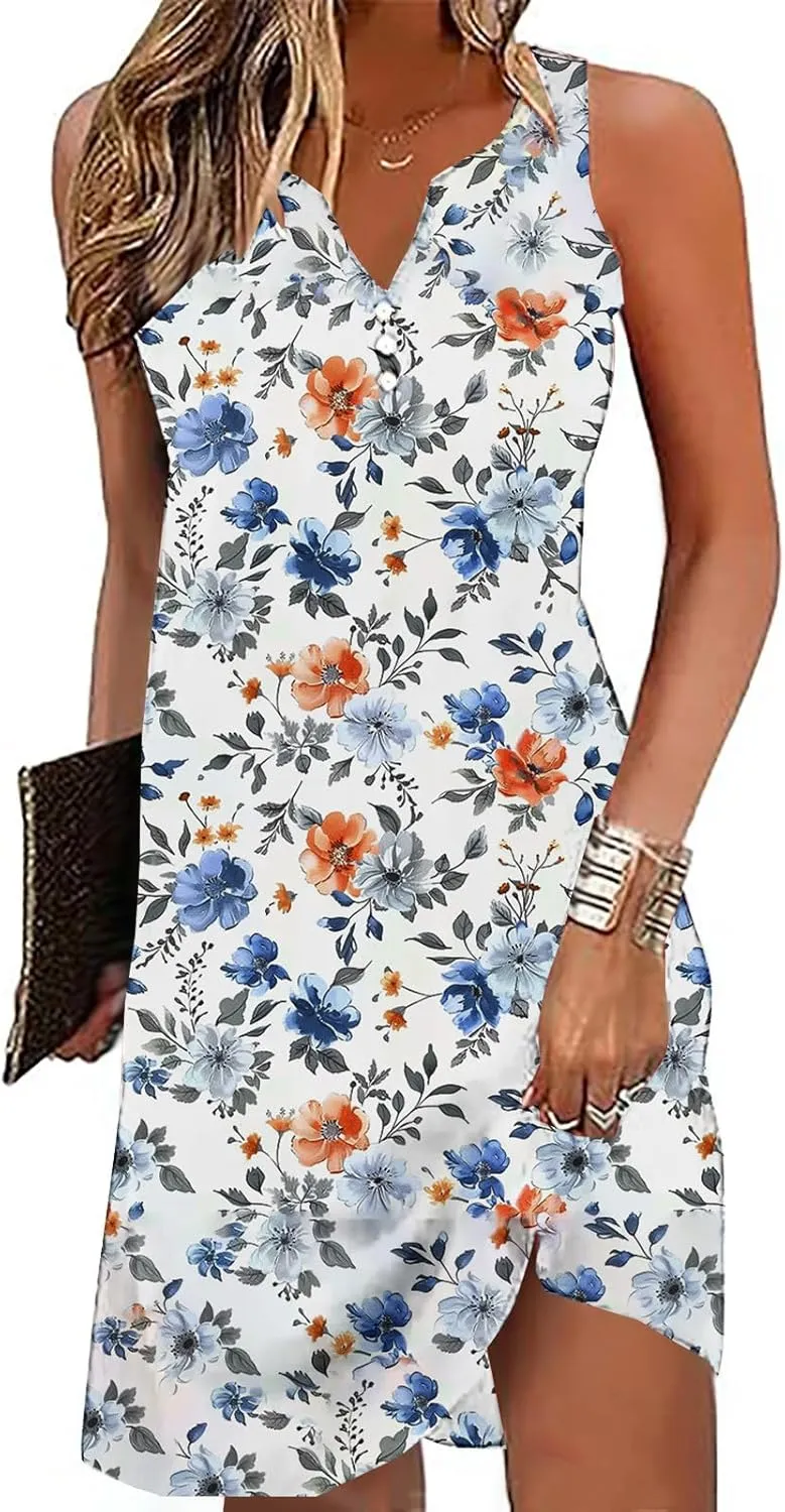 Summer Dresses Womens Beach Vacation Boho Floral Tunic Dress Sexy Button V Neck Sleeveless Tunic Mini Tank Sundress