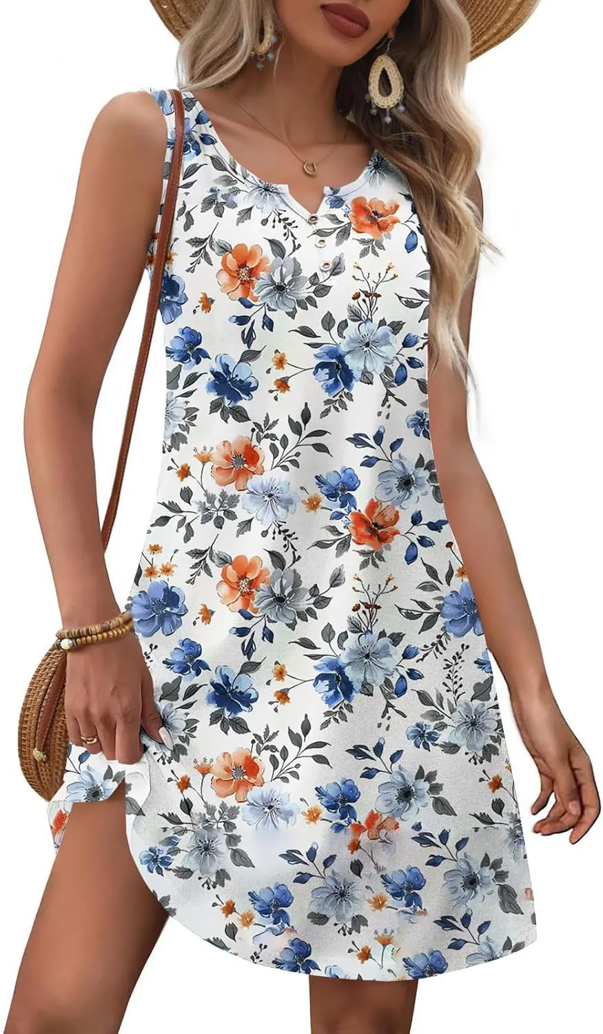 Summer Dresses Womens Beach Vacation Boho Floral Tunic Dress Sexy Button V Neck Sleeveless Tunic Mini Tank Sundress