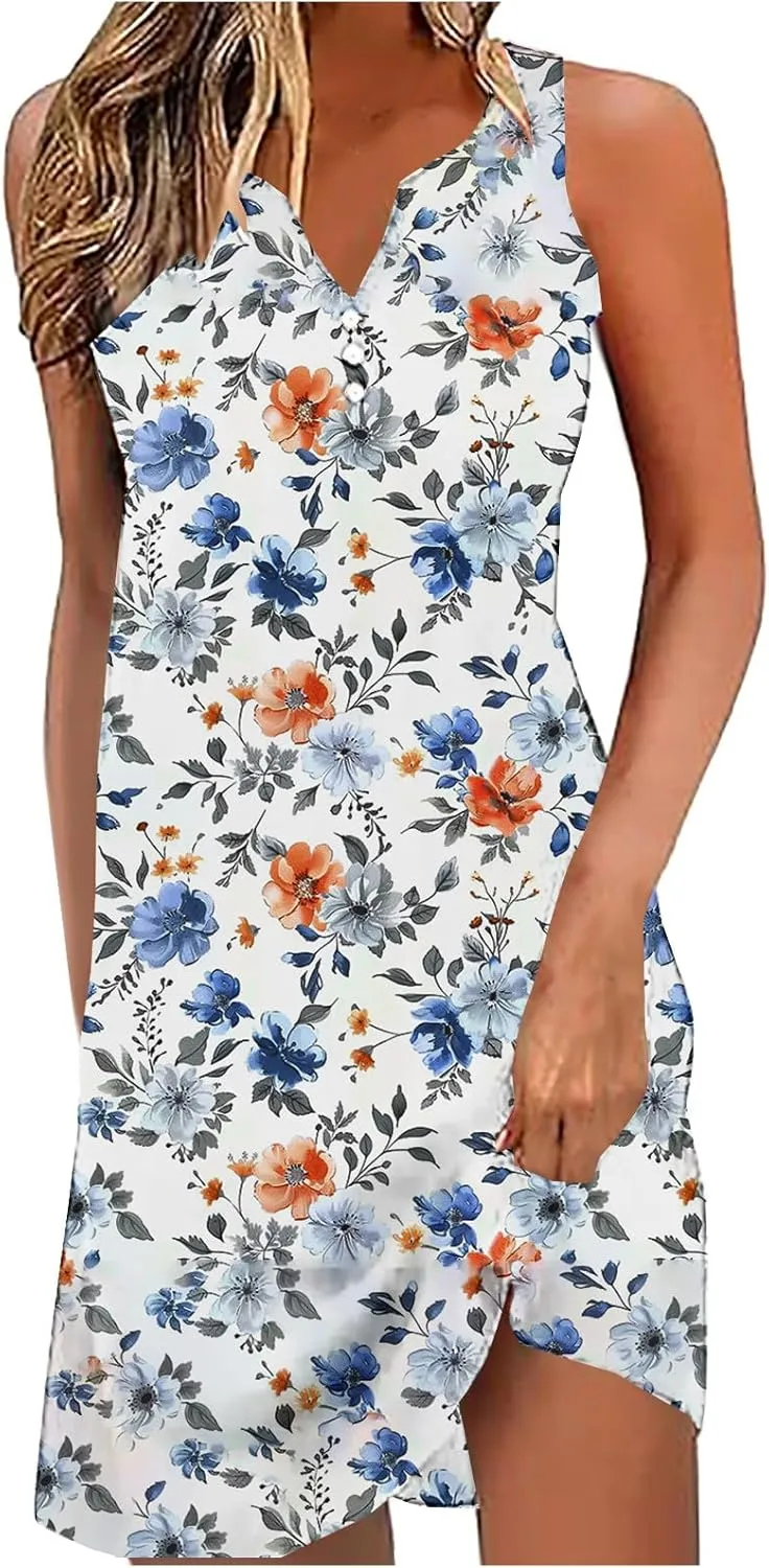 Summer Dresses Womens Beach Vacation Boho Floral Tunic Dress Sexy Button V Neck Sleeveless Tunic Mini Tank Sundress