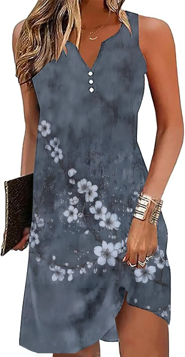 Summer Dresses Womens Beach Vacation Boho Floral Tunic Dress Sexy Button V Neck Sleeveless Tunic Mini Tank Sundress