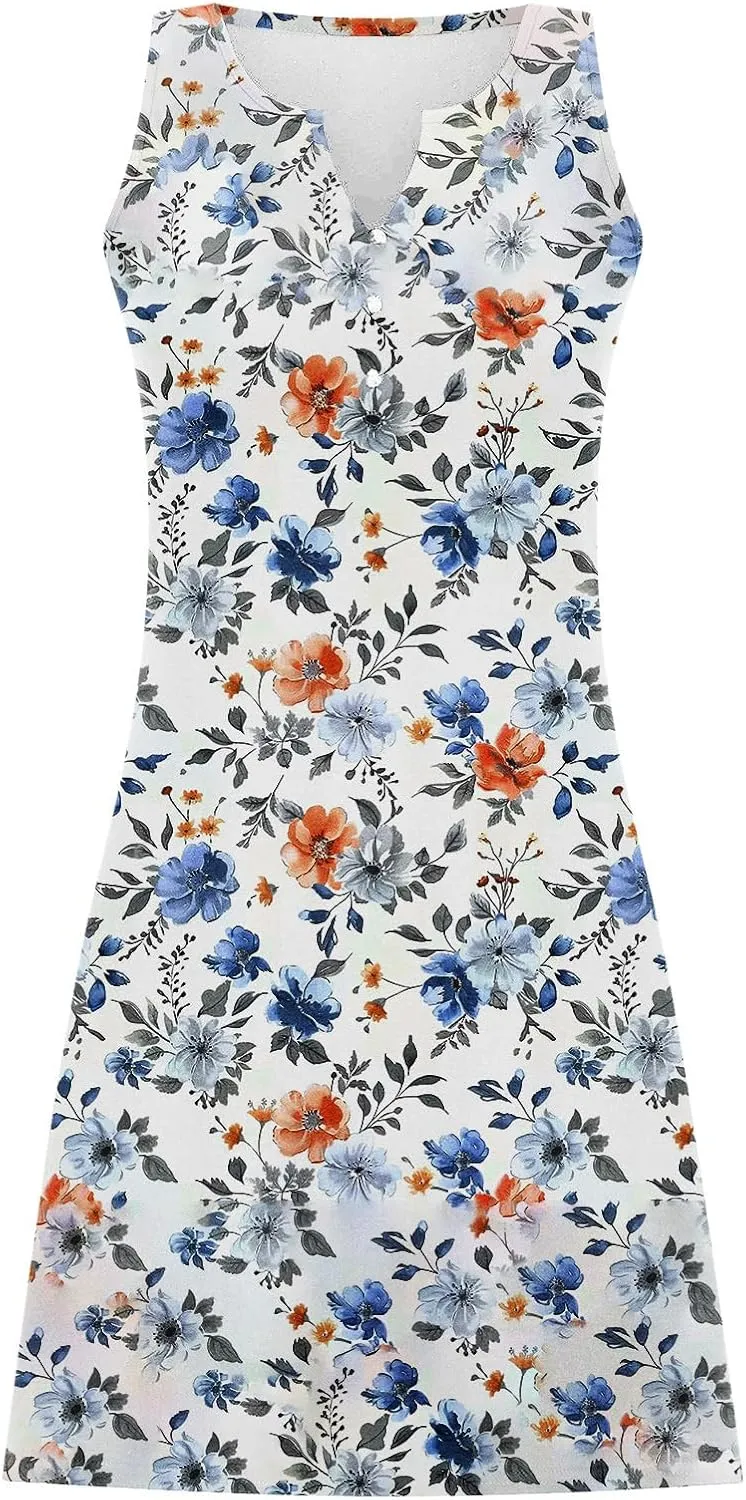 Summer Dresses Womens Beach Vacation Boho Floral Tunic Dress Sexy Button V Neck Sleeveless Tunic Mini Tank Sundress