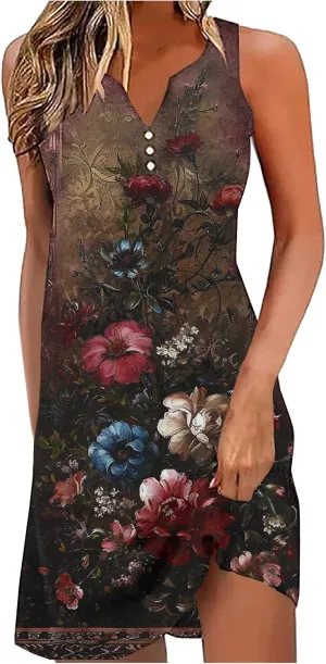 Summer Dresses Womens Beach Vacation Boho Floral Tunic Dress Sexy Button V Neck Sleeveless Tunic Mini Tank Sundress