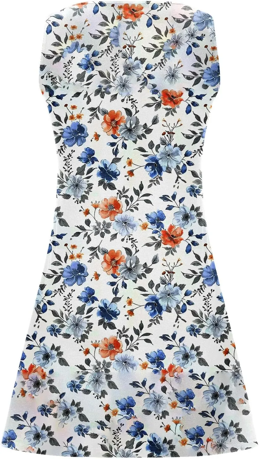 Summer Dresses Womens Beach Vacation Boho Floral Tunic Dress Sexy Button V Neck Sleeveless Tunic Mini Tank Sundress