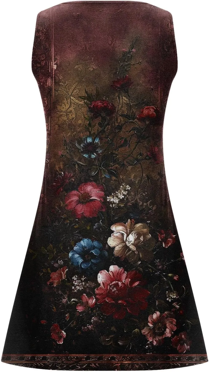 Summer Dresses Womens Beach Vacation Boho Floral Tunic Dress Sexy Button V Neck Sleeveless Tunic Mini Tank Sundress