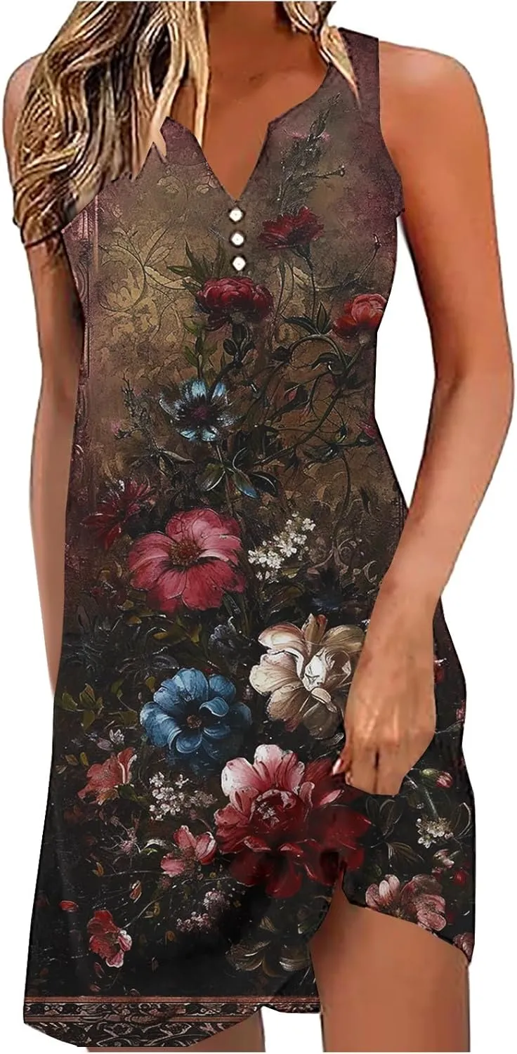 Summer Dresses Womens Beach Vacation Boho Floral Tunic Dress Sexy Button V Neck Sleeveless Tunic Mini Tank Sundress