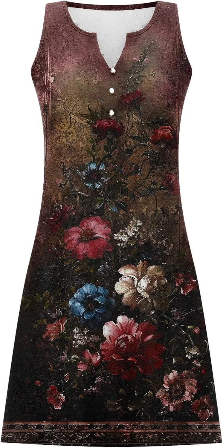 Summer Dresses Womens Beach Vacation Boho Floral Tunic Dress Sexy Button V Neck Sleeveless Tunic Mini Tank Sundress