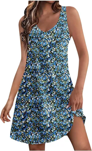 Summer Floral Dress for Women Casual Sleeveless V Neck Tank Dresses Womens Boho Beach Vacation Mini Sundress