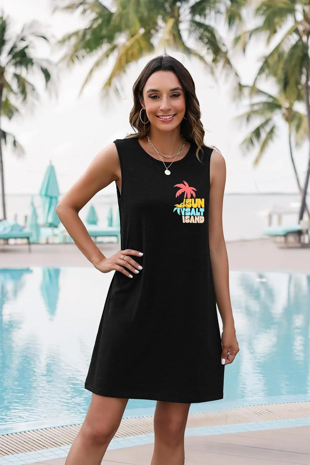 Summer Sundress for Women Graphic Mini Tank Dress Sleeveless Beach Dresses Short Casual Sun Dresses