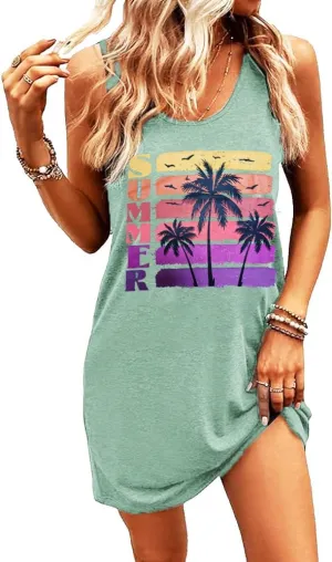 Summer Tank Dress for Women Casual Vacation Sundress Coconut Tree Graphic Beach Cover Up