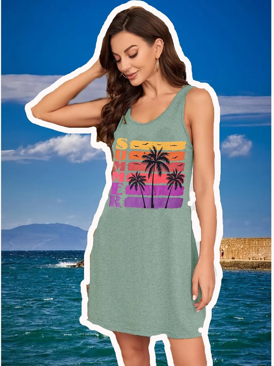 Summer Tank Dress for Women Casual Vacation Sundress Coconut Tree Graphic Beach Cover Up