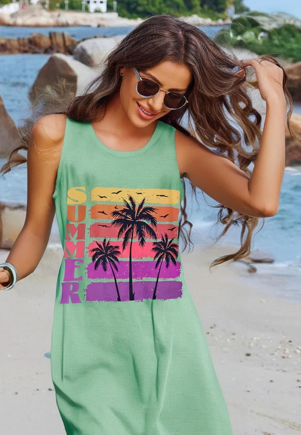Summer Tank Dress for Women Casual Vacation Sundress Coconut Tree Graphic Beach Cover Up