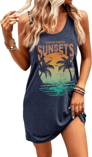 Summer Tank Dress for Women Casual Vacation Sundress Coconut Tree Graphic Beach Cover Up