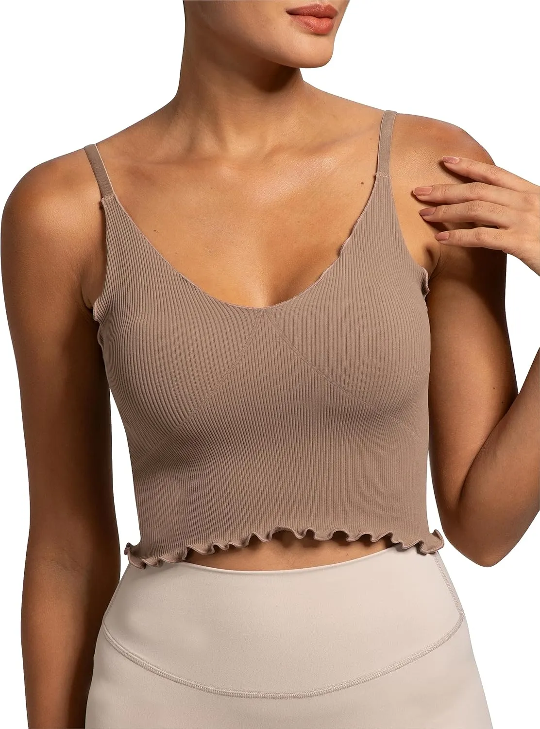 Sunzel Tank Top for Women, V Neck Seamless Ribbed Crop Camisole with Ruffles