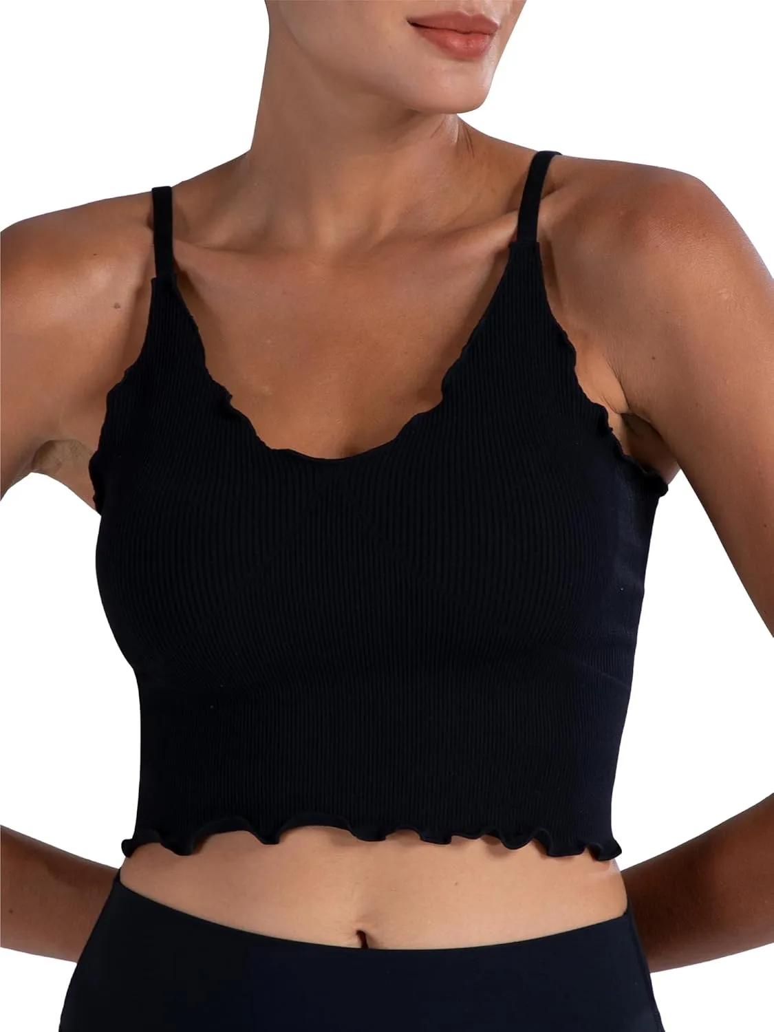 Sunzel Tank Top for Women, V Neck Seamless Ribbed Crop Camisole with Ruffles