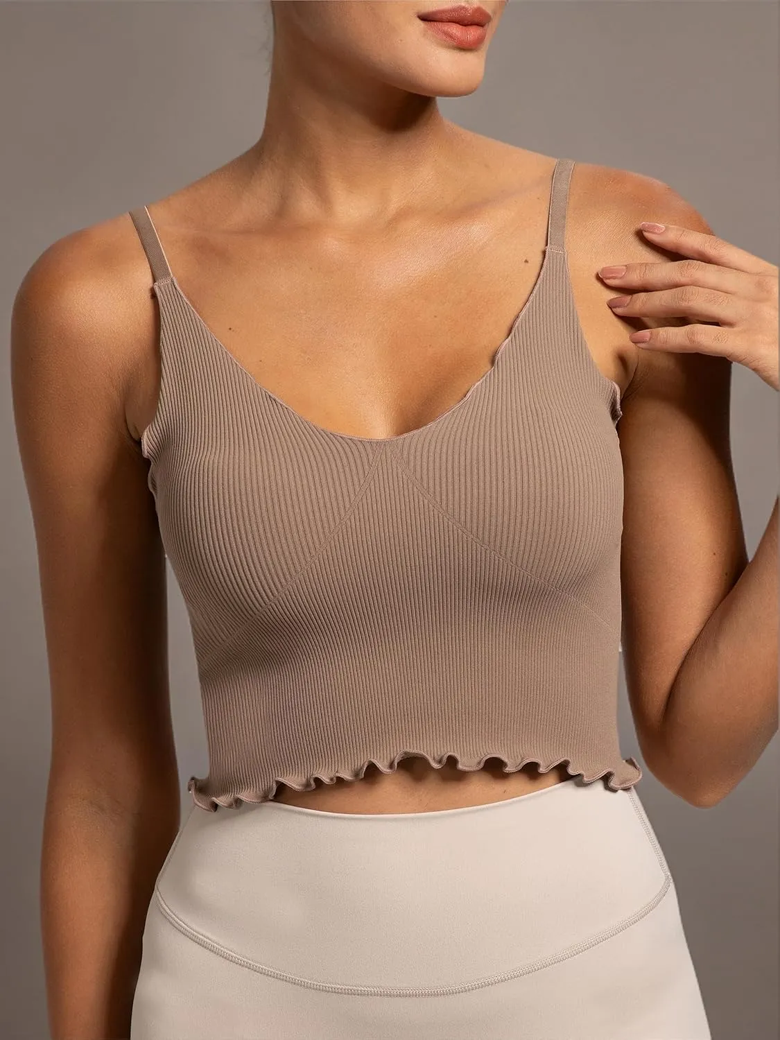 Sunzel Tank Top for Women, V Neck Seamless Ribbed Crop Camisole with Ruffles