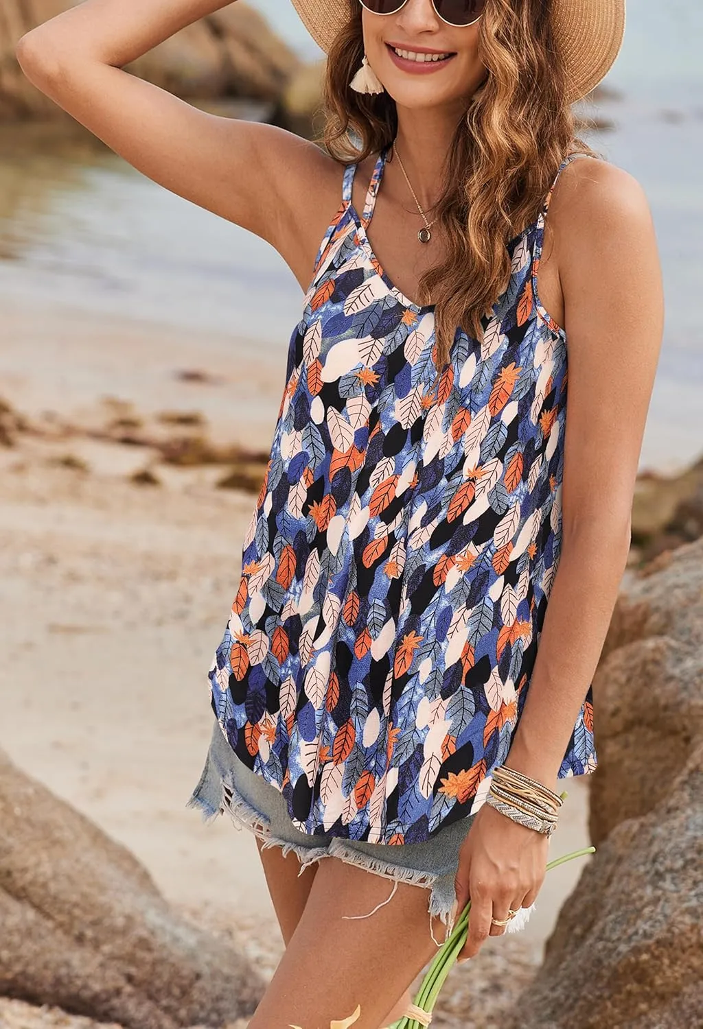 Supnier Women's Casual Summer Spaghetti Strap Tank Tops Floral Print Sleeveless V Neck Strappy Shirts