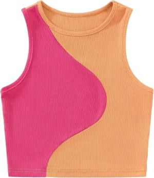 SweatyRocks Women's Summer Ribbed Knit Sleeveless Vest Color Block Crop Tank Top