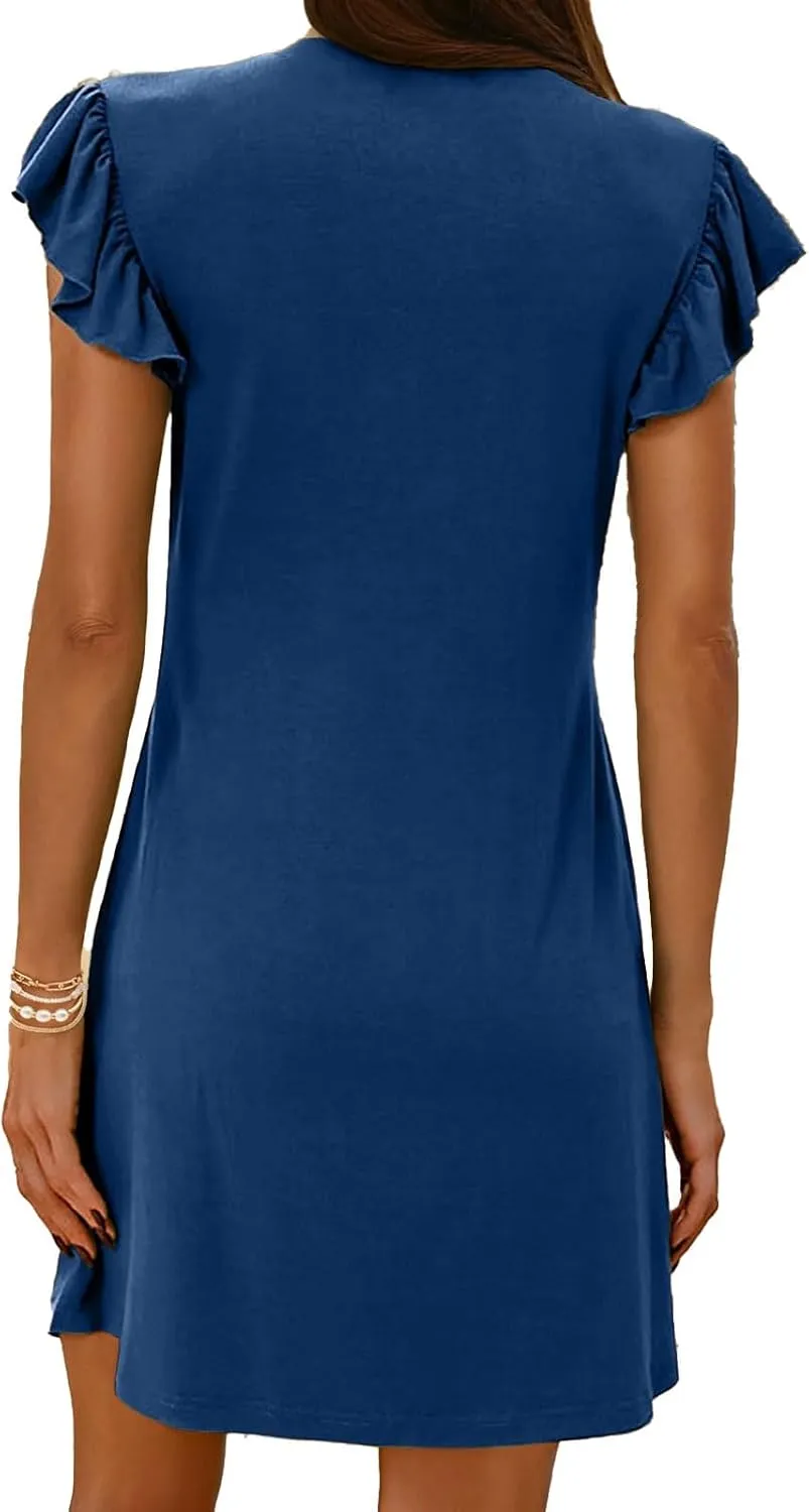 Tank Dresses for Women 2025 Deep V Neck Ruffle Sleeve Mini Dress Summer Casual Sexy Tunic Vacation Holiday Dresses