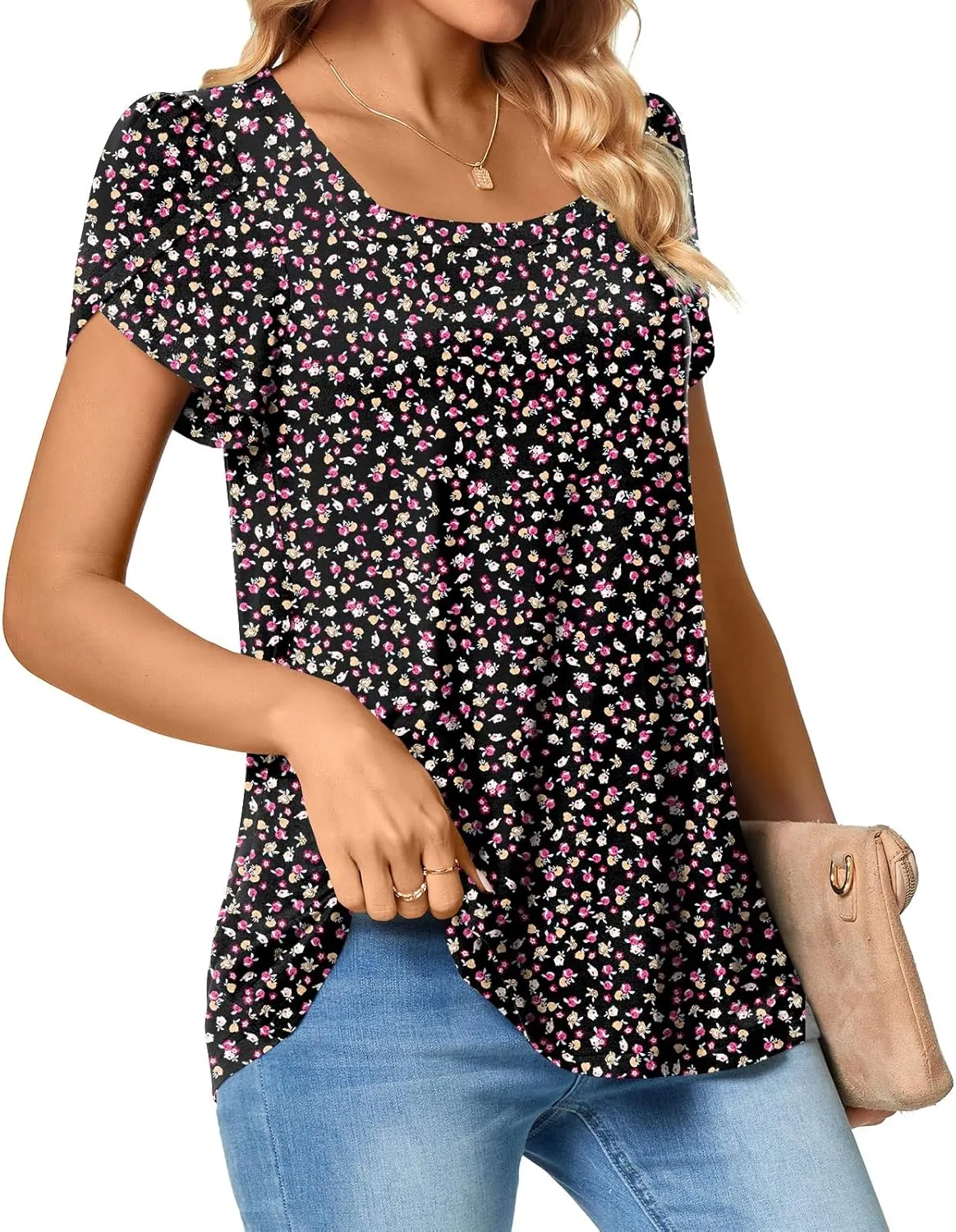 TAOHUADAO Womens 2025 Summer Casual T-Shirts Square Neck Petal Short Sleeve Tunic Tops