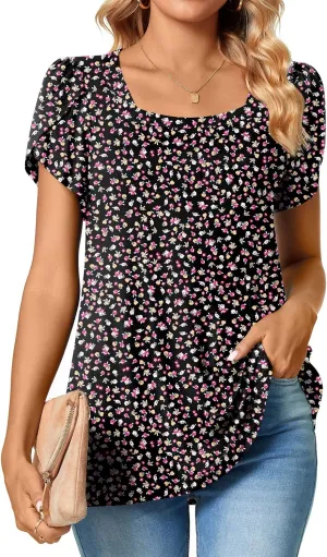 TAOHUADAO Womens 2025 Summer Casual T-Shirts Square Neck Petal Short Sleeve Tunic Tops