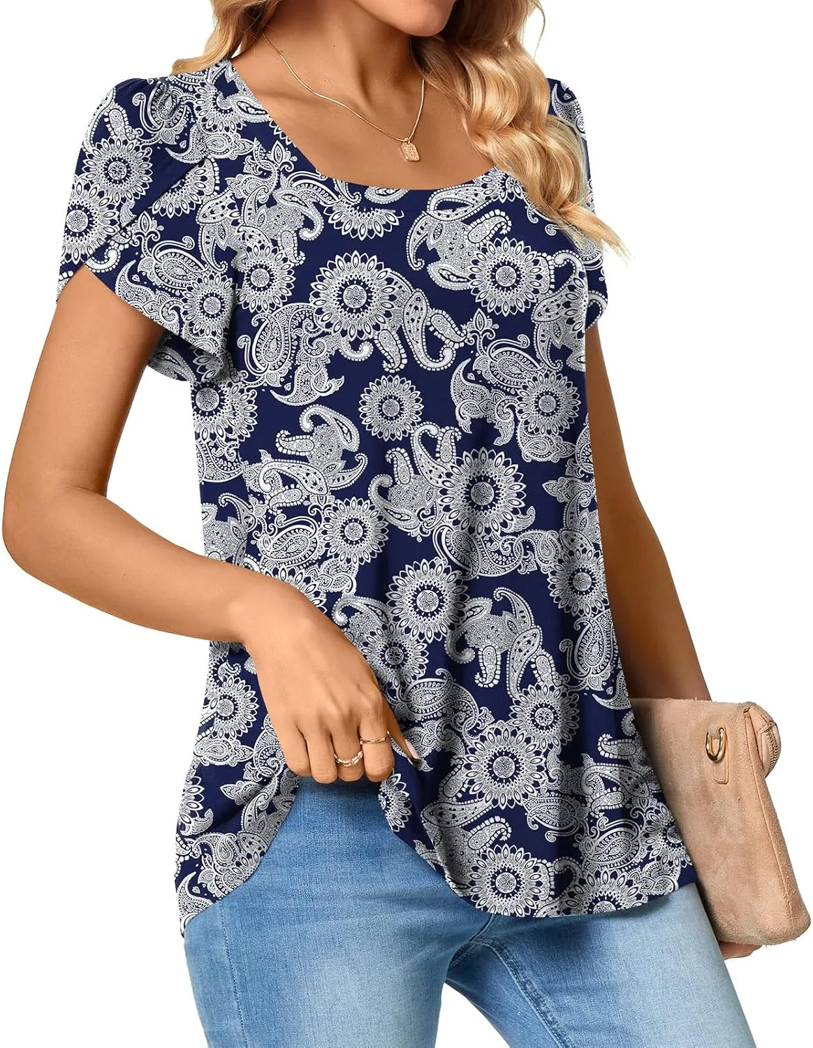 TAOHUADAO Womens 2025 Summer Casual T-Shirts Square Neck Petal Short Sleeve Tunic Tops