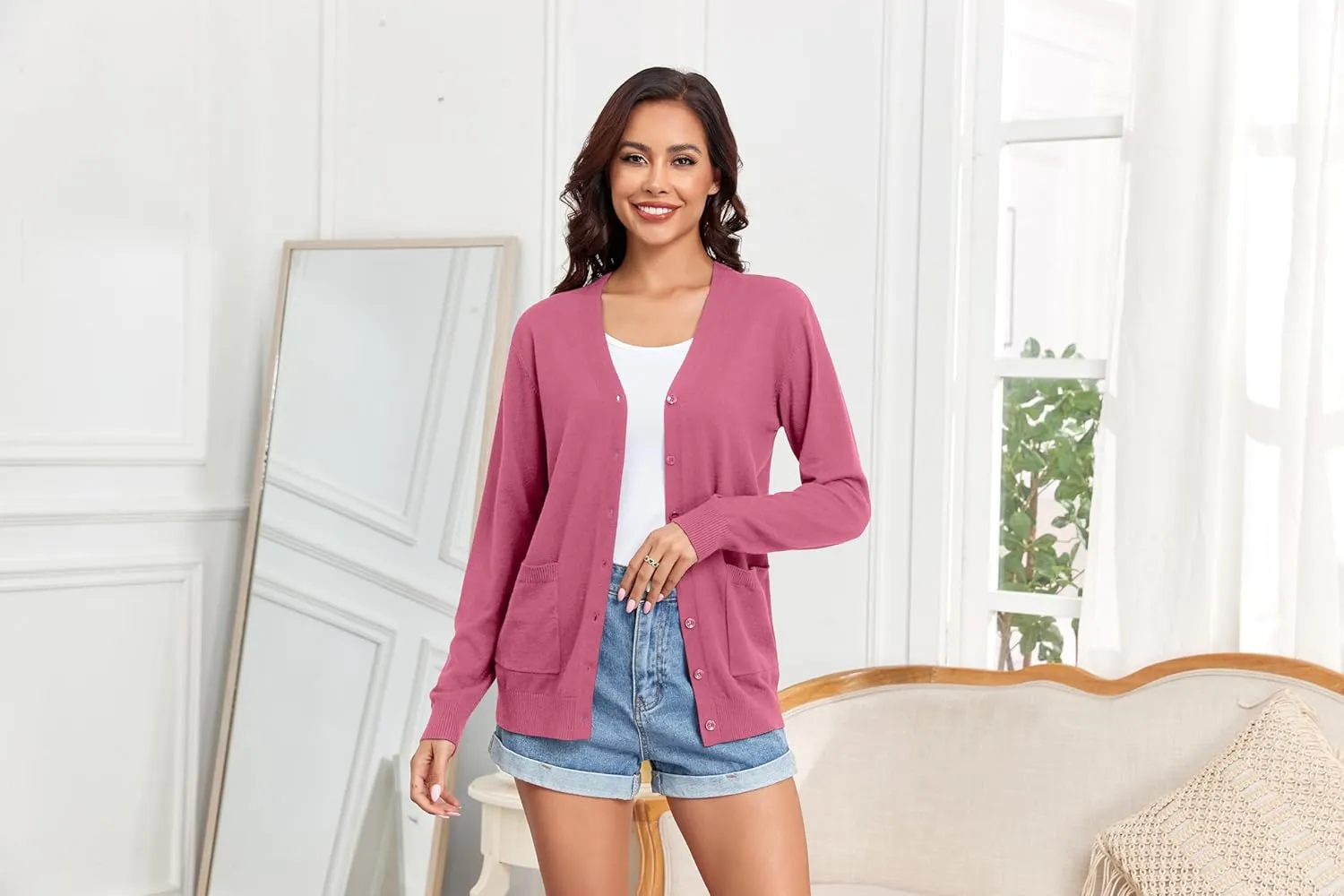 TASAMO Women's Lightweight Button Down Cardigan Sweaters Long Sleeve Classic V Neck Knit Soft Shrugs with Pocket