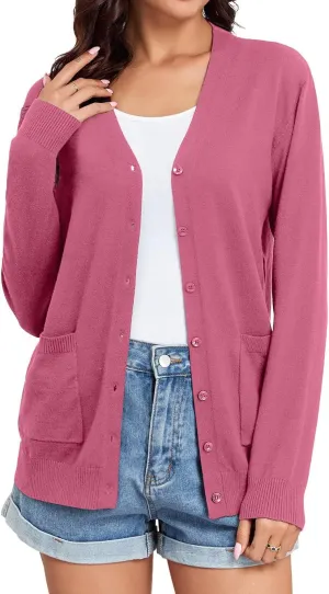 TASAMO Women's Lightweight Button Down Cardigan Sweaters Long Sleeve Classic V Neck Knit Soft Shrugs with Pocket