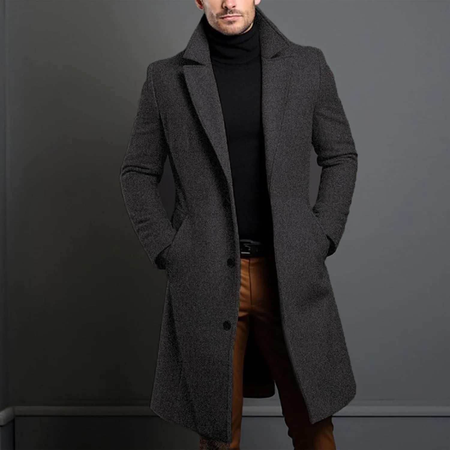 Thatrich Cardigan Trench Coat Men Winter Business Casual Jacket Warm Long Peacoat Office Work Coat Formal Casual Outfit Coats