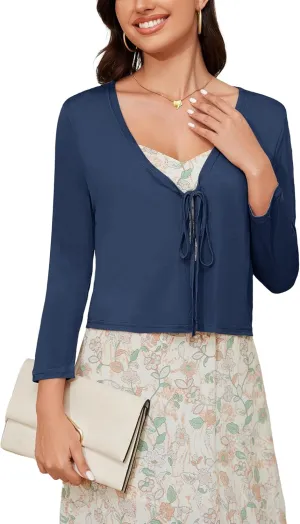 Tie Front Cropped Cardigan Sweaters for Women 3/4 Sleeve Lightweight Open Front Knit Shrug Top for Dress