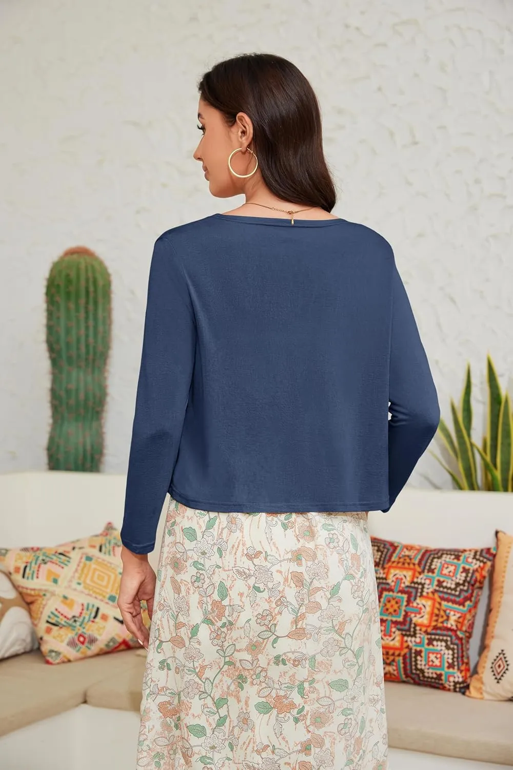 Tie Front Cropped Cardigan Sweaters for Women 3/4 Sleeve Lightweight Open Front Knit Shrug Top for Dress
