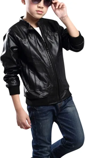 Toddler Kids Little Boys Long Sleeve Faux Leather Zipper Jacket Spring Autumn Lightweight PU 2t Lightweight Puffy